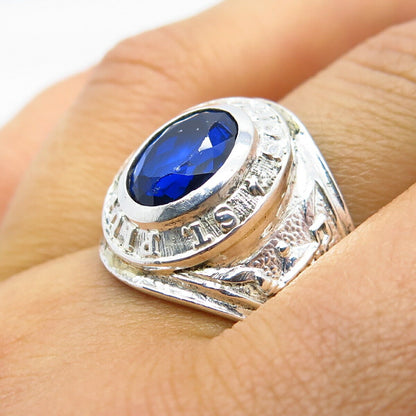 925 Sterling Silver Vintage Blue C Z "St.Pius X" School Ring Size 8 1/4