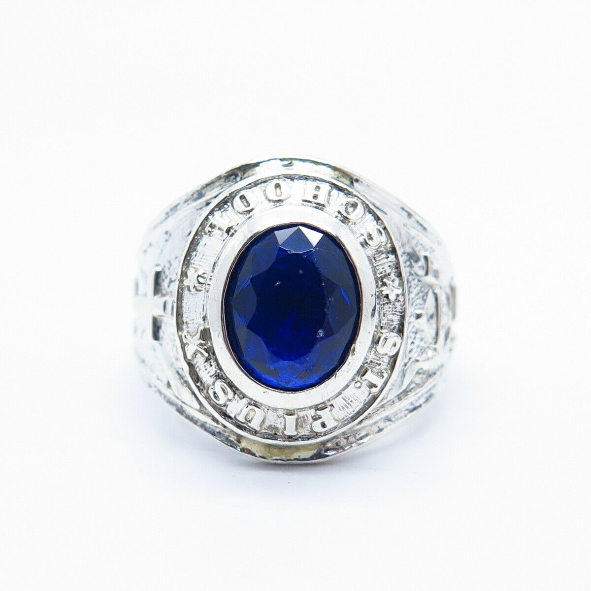 925 Sterling Silver Vintage Blue C Z "St.Pius X" School Ring Size 8 1/4