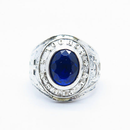 925 Sterling Silver Vintage Blue C Z "St.Pius X" School Ring Size 8 1/4