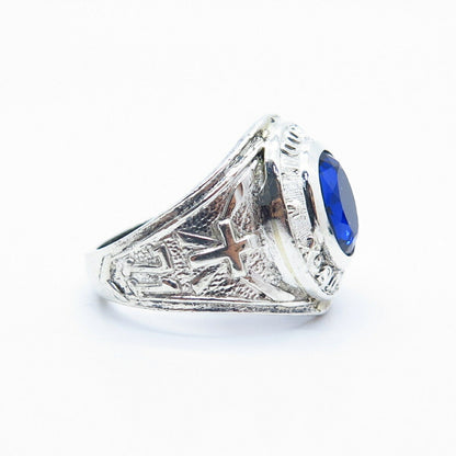 925 Sterling Silver Vintage Blue C Z "St.Pius X" School Ring Size 8 1/4