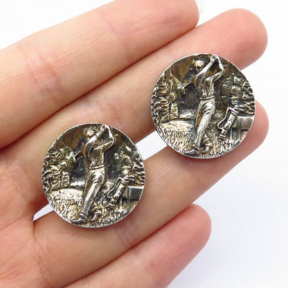 925 Sterling Silver Vintage F&S "Golfer" Round Cufflinks