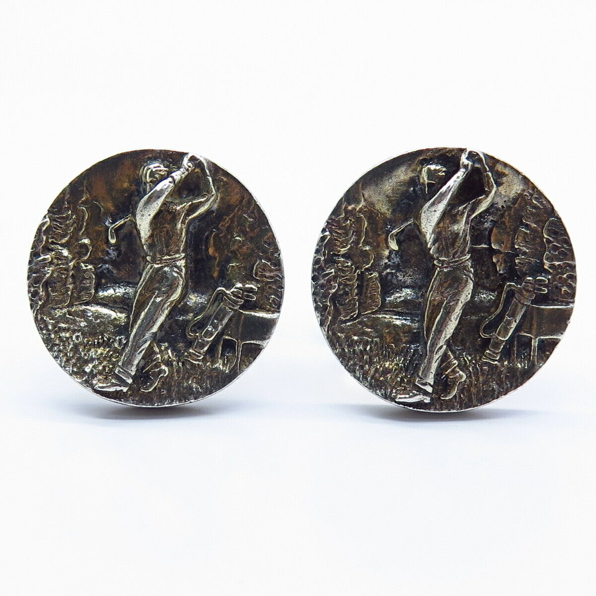 925 Sterling Silver Vintage F&S "Golfer" Round Cufflinks