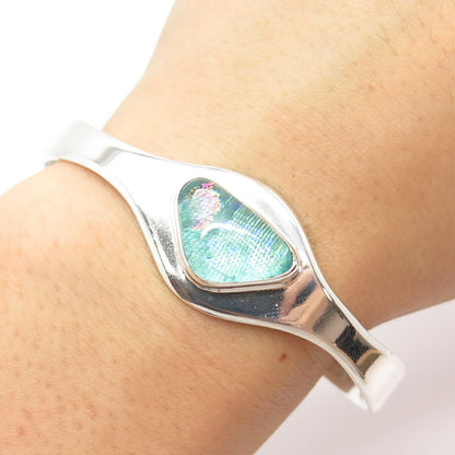 925 Sterling Silver Vintage Mexico Blue Topaz-Tone Glass Cuff Bracelet 6 3/4"