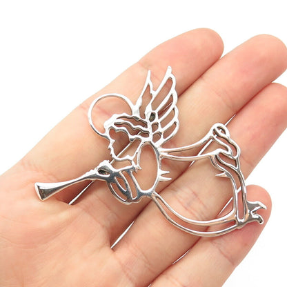 925 Sterling Silver Vintage Angel Playing Trumpet Pin Brooch