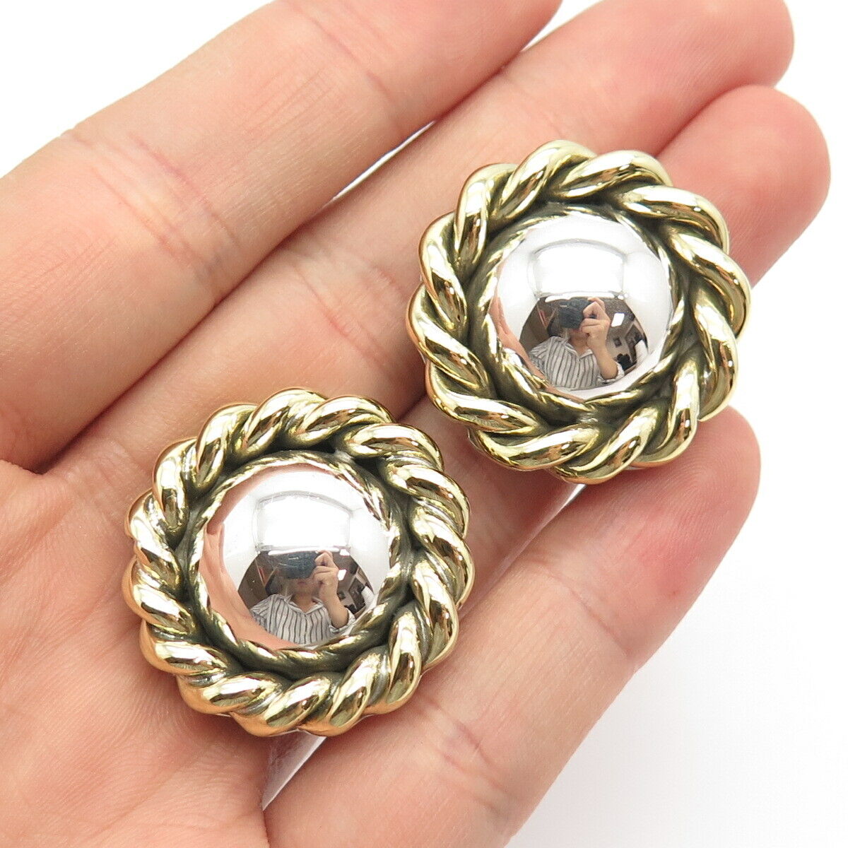 925 Sterling Silver 2-Tone Vintage Mexico Round Twisted Clip On Earrings