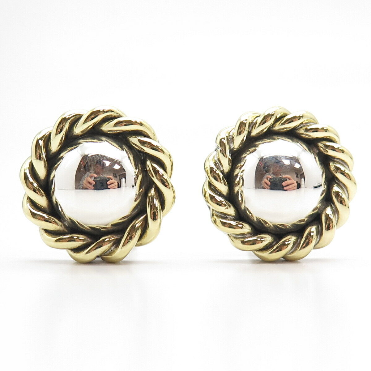 925 Sterling Silver 2-Tone Vintage Mexico Round Twisted Clip On Earrings