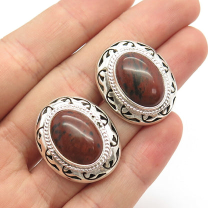 925 Sterling Silver Vintage Mexico Real Jasper Gem Oval Earrings