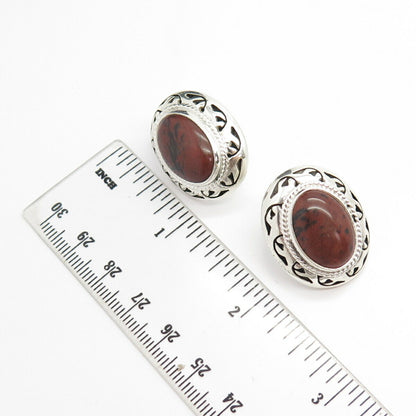 925 Sterling Silver Vintage Mexico Real Jasper Gem Oval Earrings