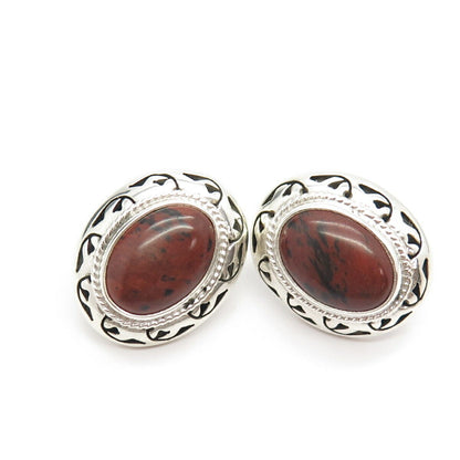 925 Sterling Silver Vintage Mexico Real Jasper Gem Oval Earrings