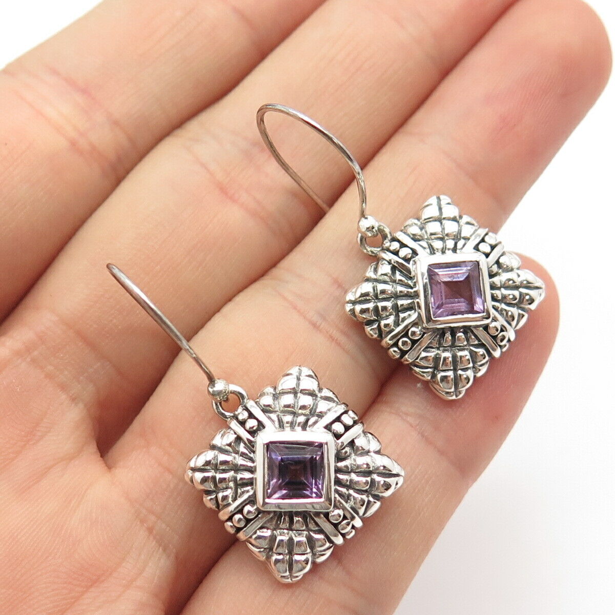 925 Sterling Silver Vintage Real Amethyst Gemstone Square Dangling Earrings