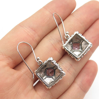 925 Sterling Silver Vintage Real Amethyst Gemstone Square Dangling Earrings