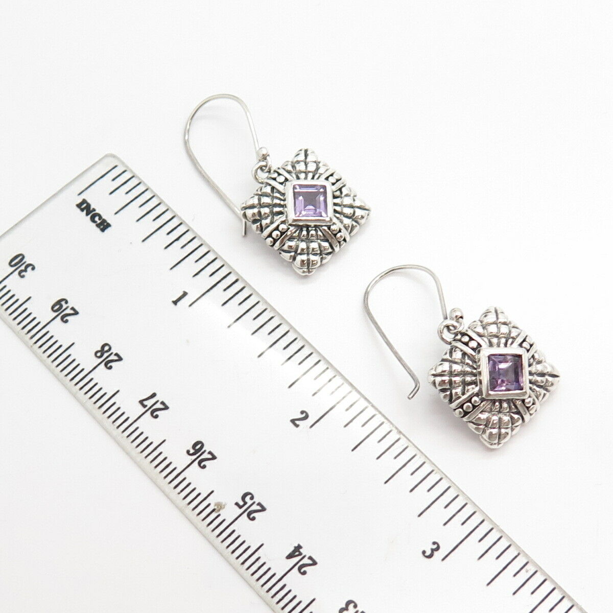 925 Sterling Silver Vintage Real Amethyst Gemstone Square Dangling Earrings