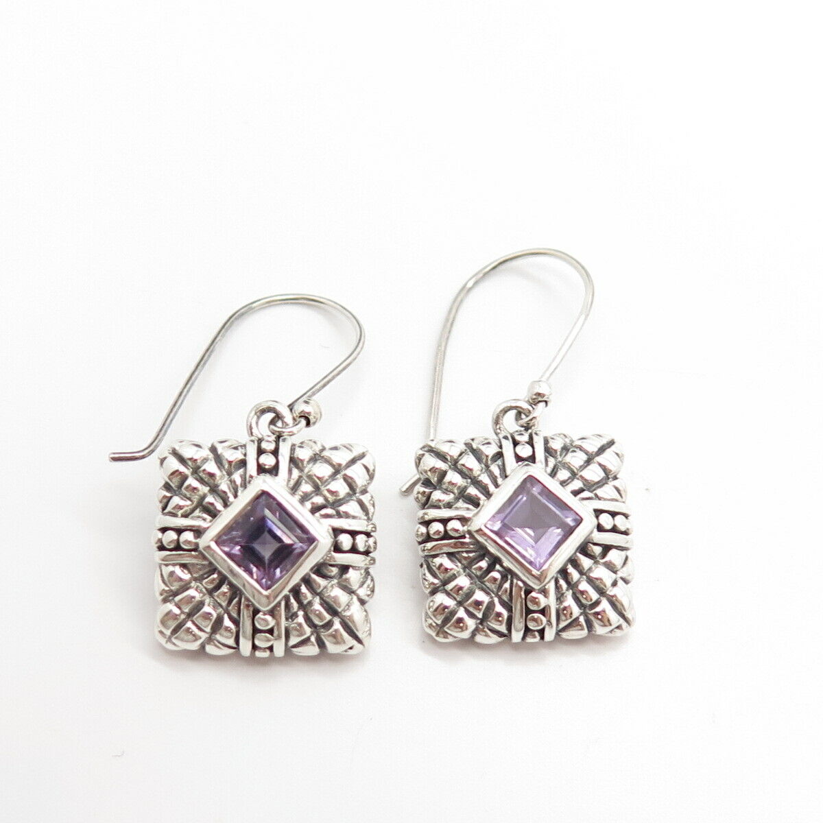 925 Sterling Silver Vintage Real Amethyst Gemstone Square Dangling Earrings