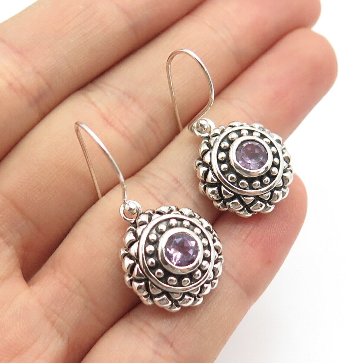 925 Sterling Silver Vintage Real Amethyst Gemstone Dangling Earrings