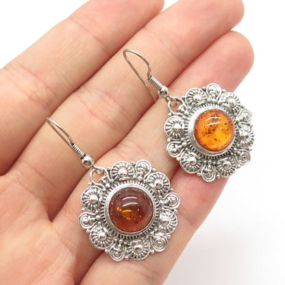 925 Sterling Silver Vintage Real Amber Dangling Earrings