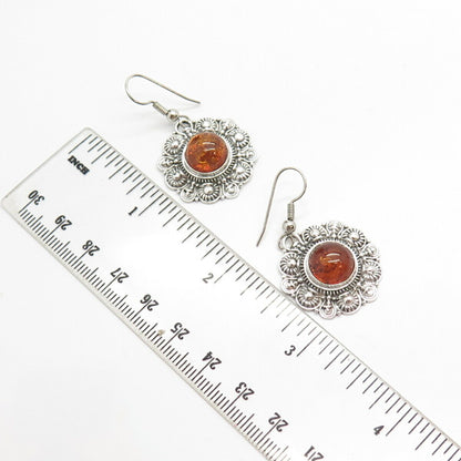 925 Sterling Silver Vintage Real Amber Dangling Earrings