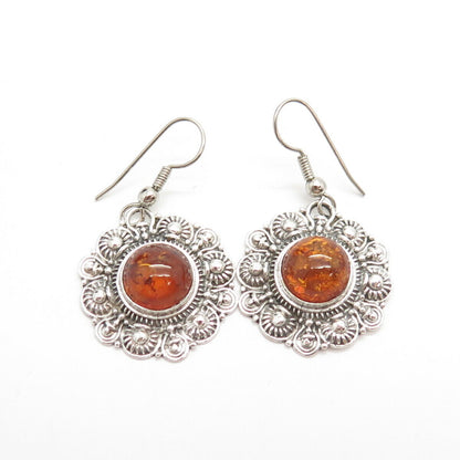 925 Sterling Silver Vintage Real Amber Dangling Earrings