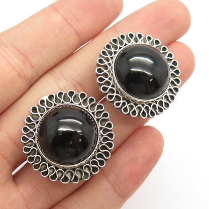 925 Sterling Silver Vintage Mexico Real Black Onyx Gem Clip On Earrings