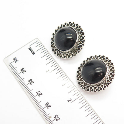 925 Sterling Silver Vintage Mexico Real Black Onyx Gem Clip On Earrings