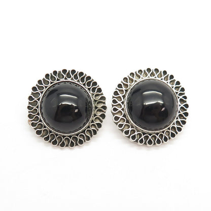 925 Sterling Silver Vintage Mexico Real Black Onyx Gem Clip On Earrings