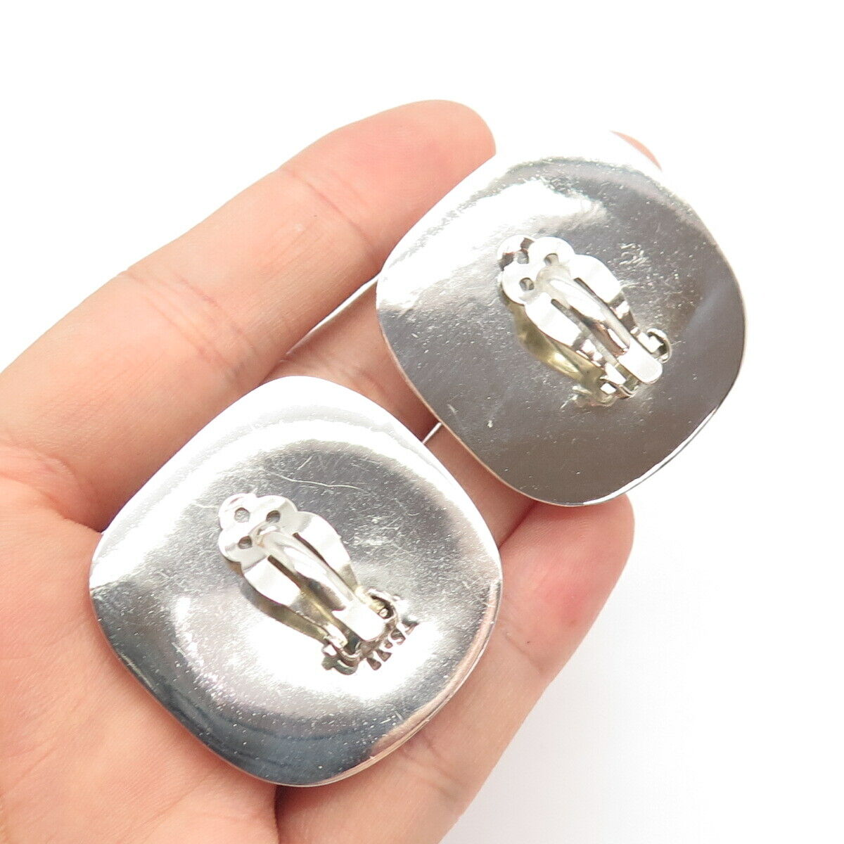 925 Sterling Silver Vintage Mexico Square Shape Clip On Earrings