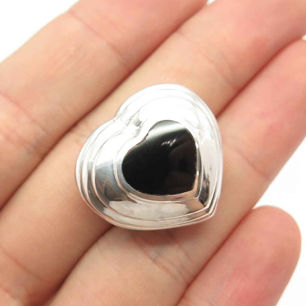 925 Sterling Silver Vintage Real Black Onyx Gem Heart Slide Pendant