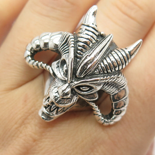 925 Sterling Silver Vintage Skull & Horns Adjustable Ring Size 9 1/4