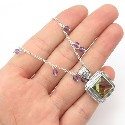 925 Sterling Silver Vintage Israel Peridot Amethyst Gem & C Z Chain Necklace 17"