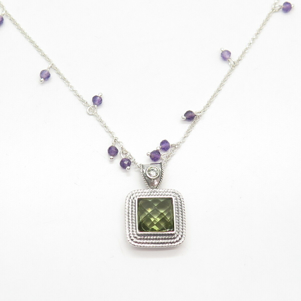 925 Sterling Silver Vintage Israel Peridot Amethyst Gem & C Z Chain Necklace 17"