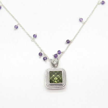 925 Sterling Silver Vintage Israel Peridot Amethyst Gem & C Z Chain Necklace 17"