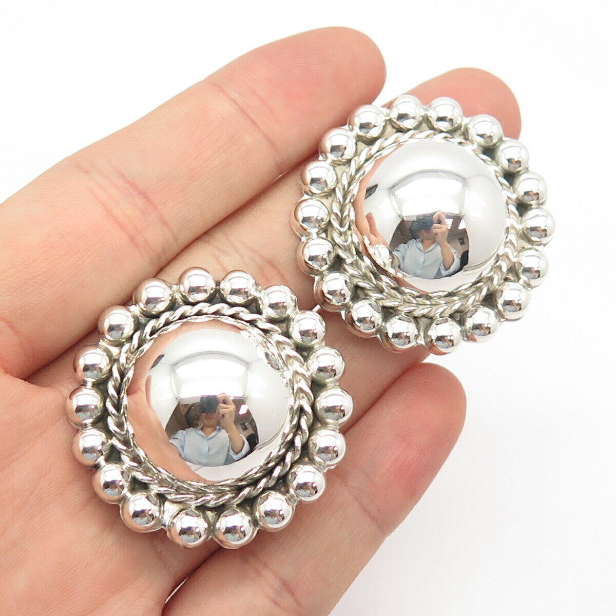 925 Sterling Silver Vintage Mexico Hemisphere Beaded Clip On Earrings