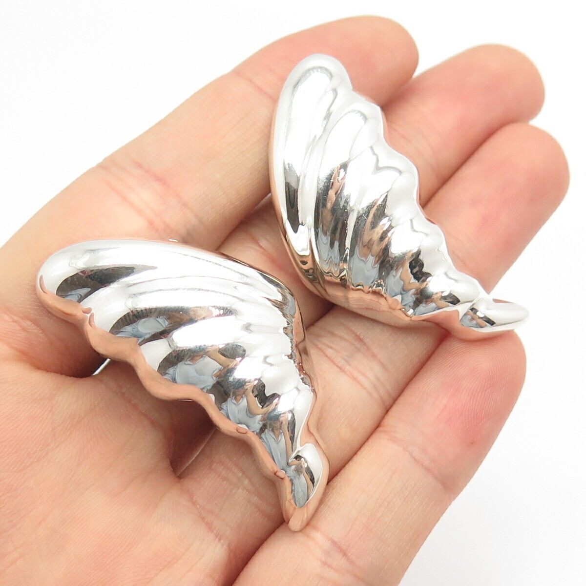 925 Sterling Silver Vintage Wing Ribbed Clip On Earrings