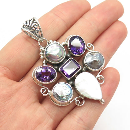 925 Sterling Silver Vintage Abalone Shell Pearl & Amethyst Gem Pendant