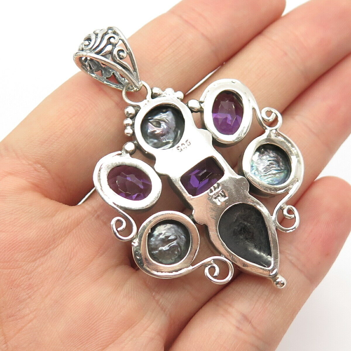 925 Sterling Silver Vintage Abalone Shell Pearl & Amethyst Gem Pendant