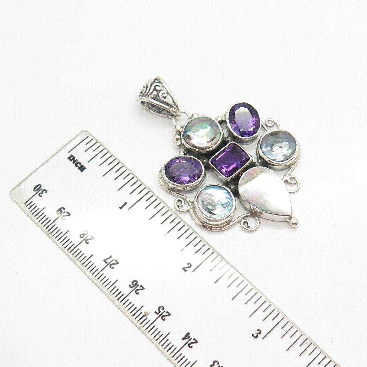 925 Sterling Silver Vintage Abalone Shell Pearl & Amethyst Gem Pendant