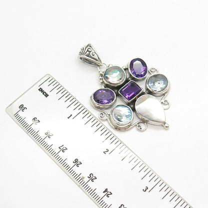 925 Sterling Silver Vintage Abalone Shell Pearl & Amethyst Gem Pendant