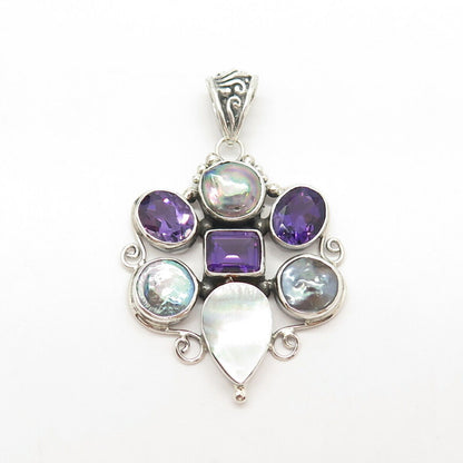 925 Sterling Silver Vintage Abalone Shell Pearl & Amethyst Gem Pendant