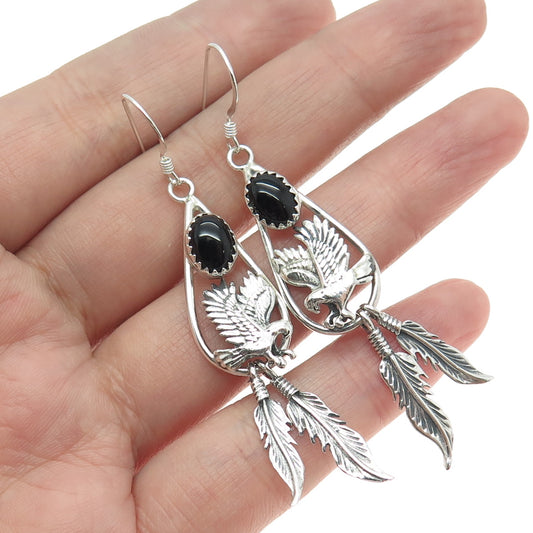 Old Pawn 925 Sterling Silver Vintage Black Onyx Snake Eye Eagle Feather Earrings