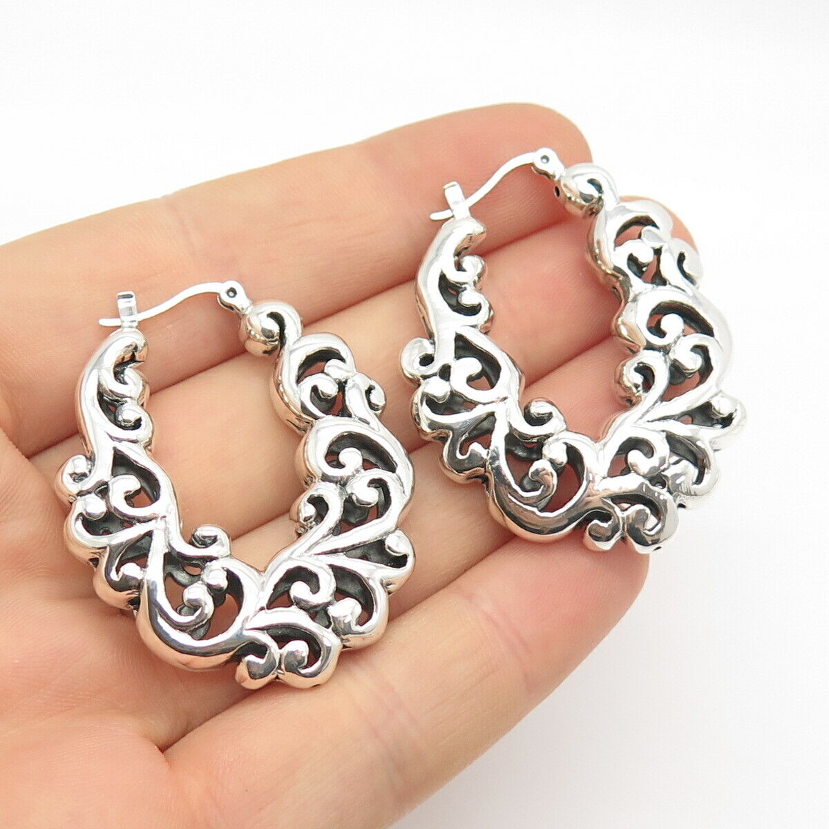 925 Sterling Silver Vintage Ornate Swirl Hoop Earrings