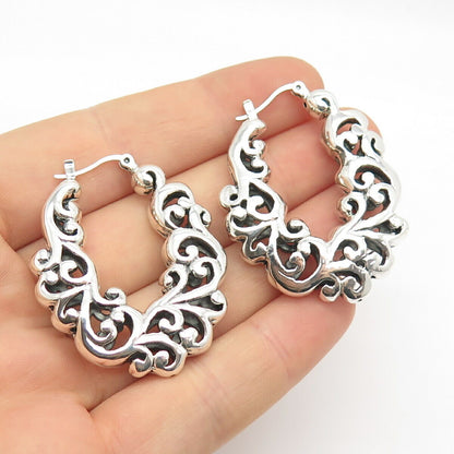 925 Sterling Silver Vintage Ornate Swirl Hoop Earrings