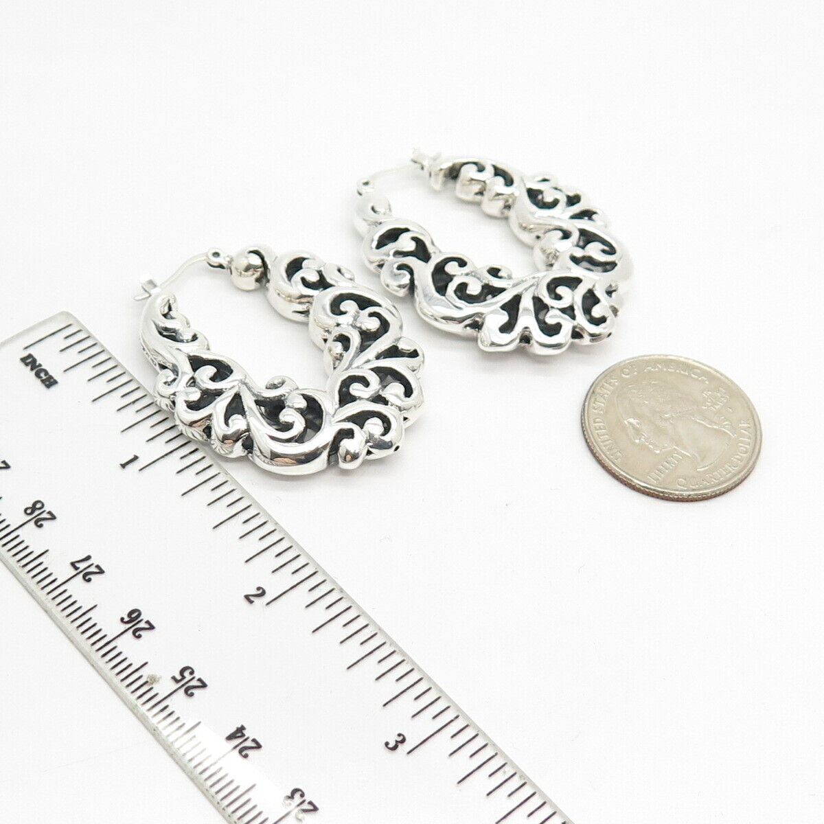 925 Sterling Silver Vintage Ornate Swirl Hoop Earrings