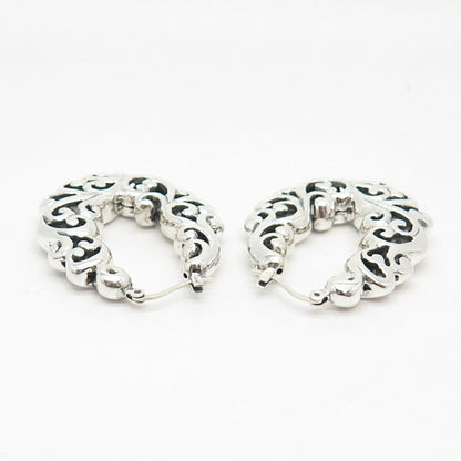 925 Sterling Silver Vintage Ornate Swirl Hoop Earrings