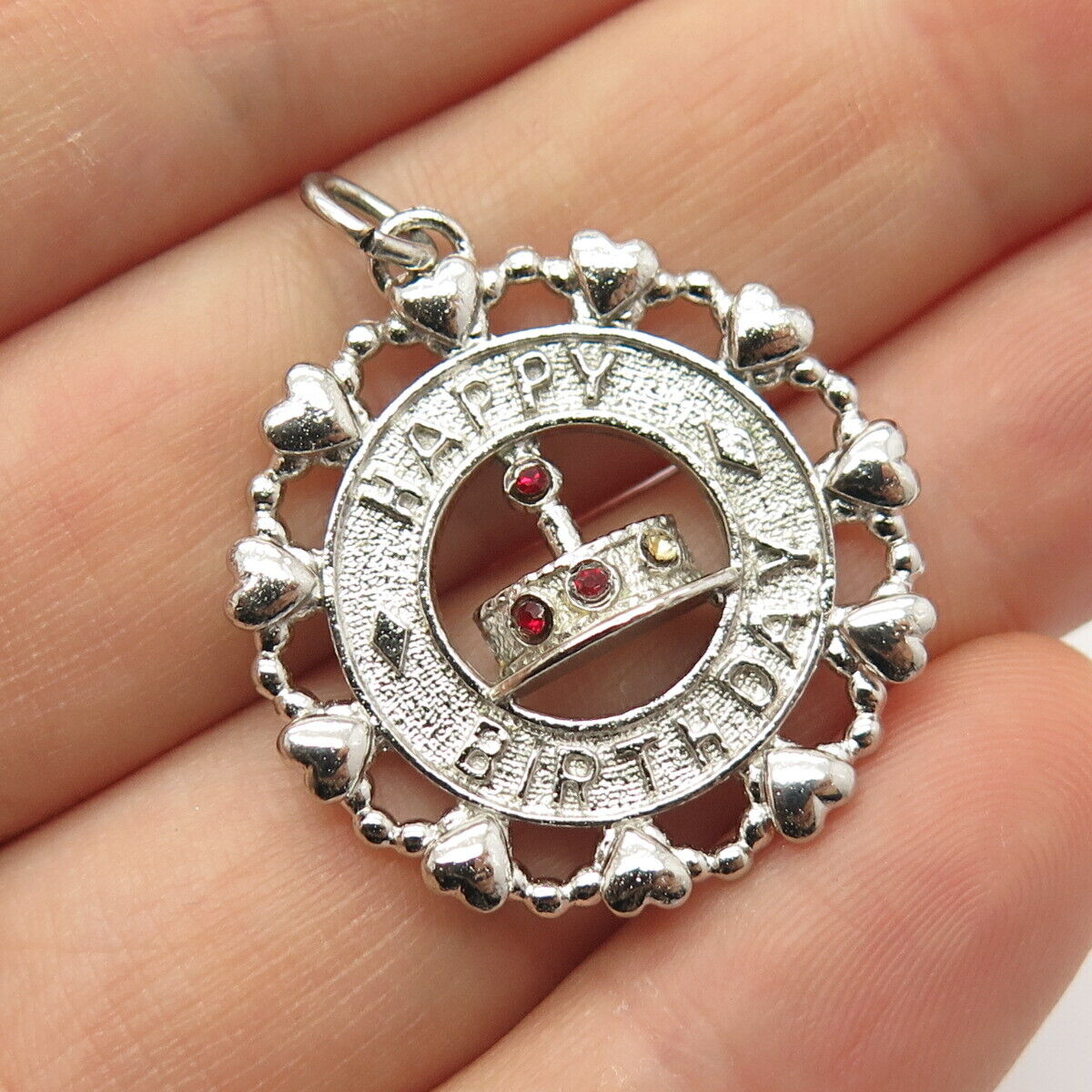 925 Sterling Silver Vintage Wells Red Garnet-Tone C Z "Happy Birthday" Pendant