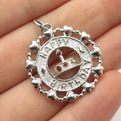 925 Sterling Silver Vintage Wells Red Garnet-Tone C Z "Happy Birthday" Pendant