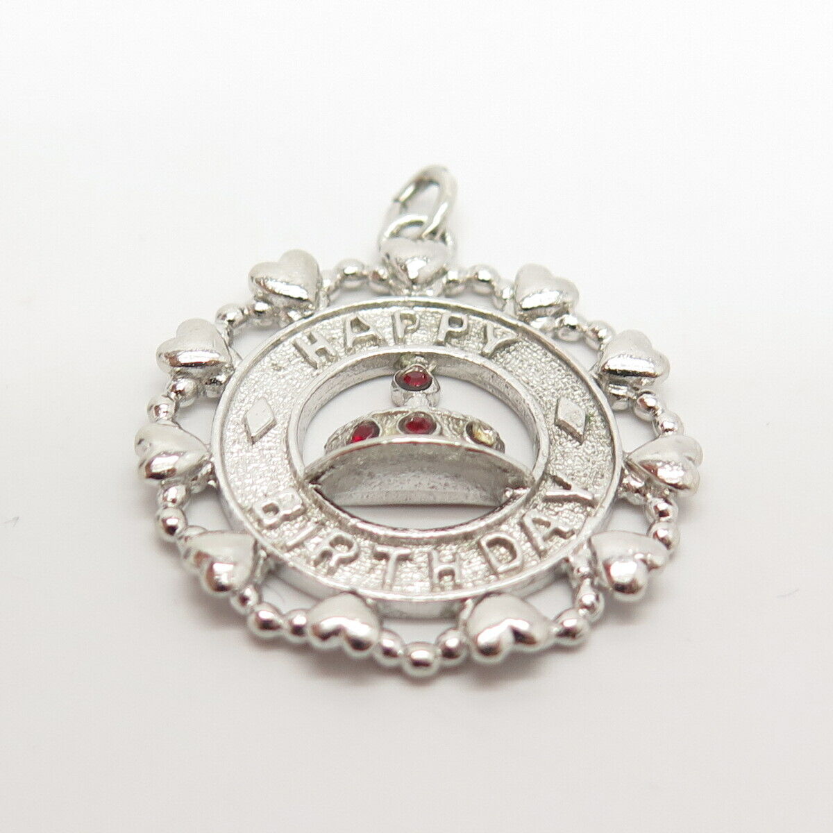 925 Sterling Silver Vintage Wells Red Garnet-Tone C Z "Happy Birthday" Pendant