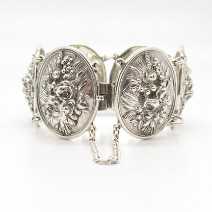 800 Silver Vintage Floral Panel Link Bracelet 7"