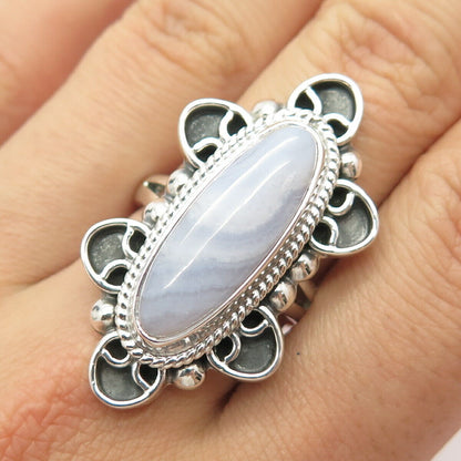 925 Sterling Silver Vintage Mexico Real Agate Gem Elongated Ring Size 9