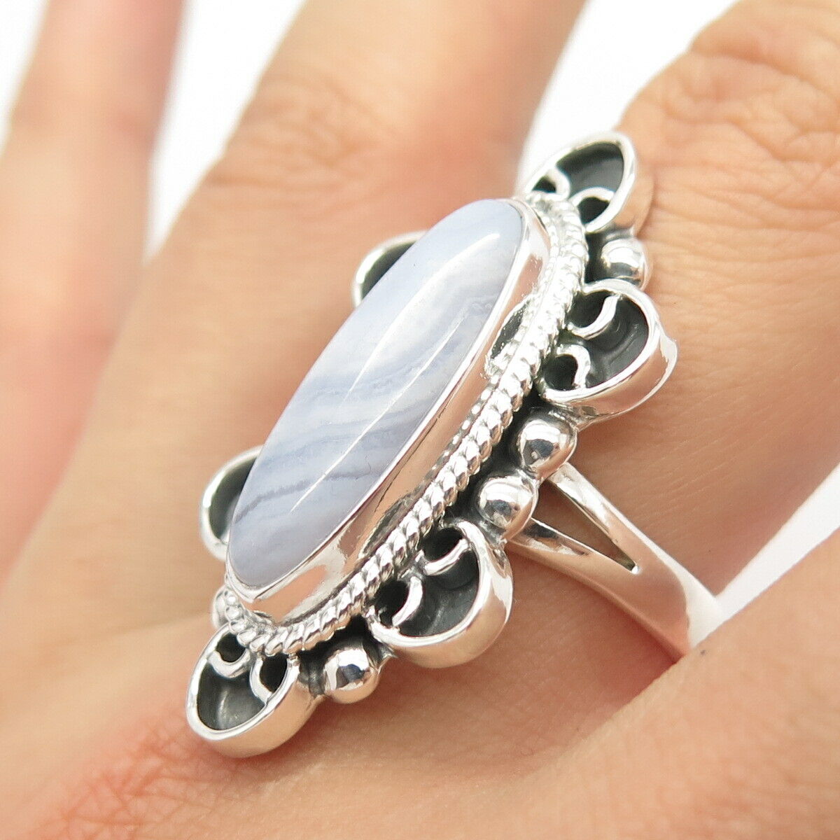 925 Sterling Silver Vintage Mexico Real Agate Gem Elongated Ring Size 9