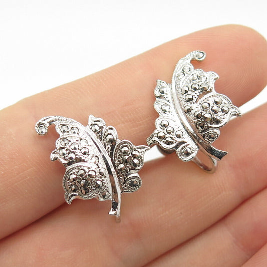 925 Sterling Silver Vintage Real Marcasite Gemstone Leaf Screw Back Earrings