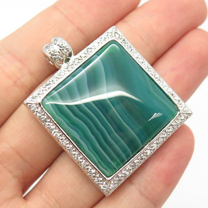 925 Sterling Silver Vintage Real Green Agate Gem & C Z Ornate Heart Pendant